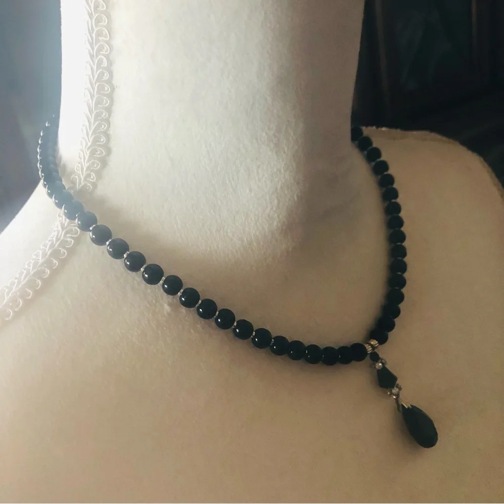 Handcrafted repurpose faceted black crystal pendant Czech glass Pearl necklace